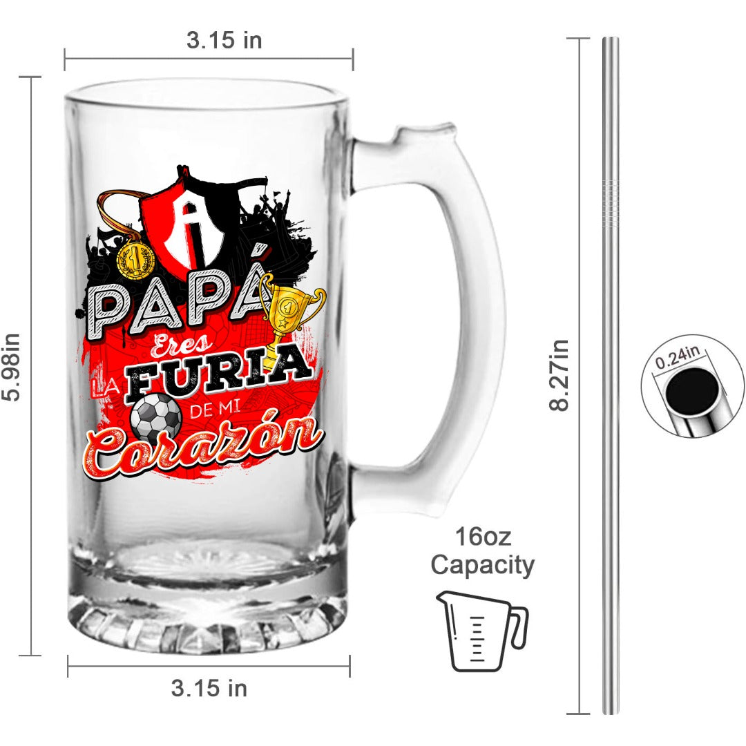 Atlas FC 16 oz Beer Glass Mug – “Papá, Eres Furia en Mi Corazón” – Soccer Gift for Dad – Father's Day or Birthday Present