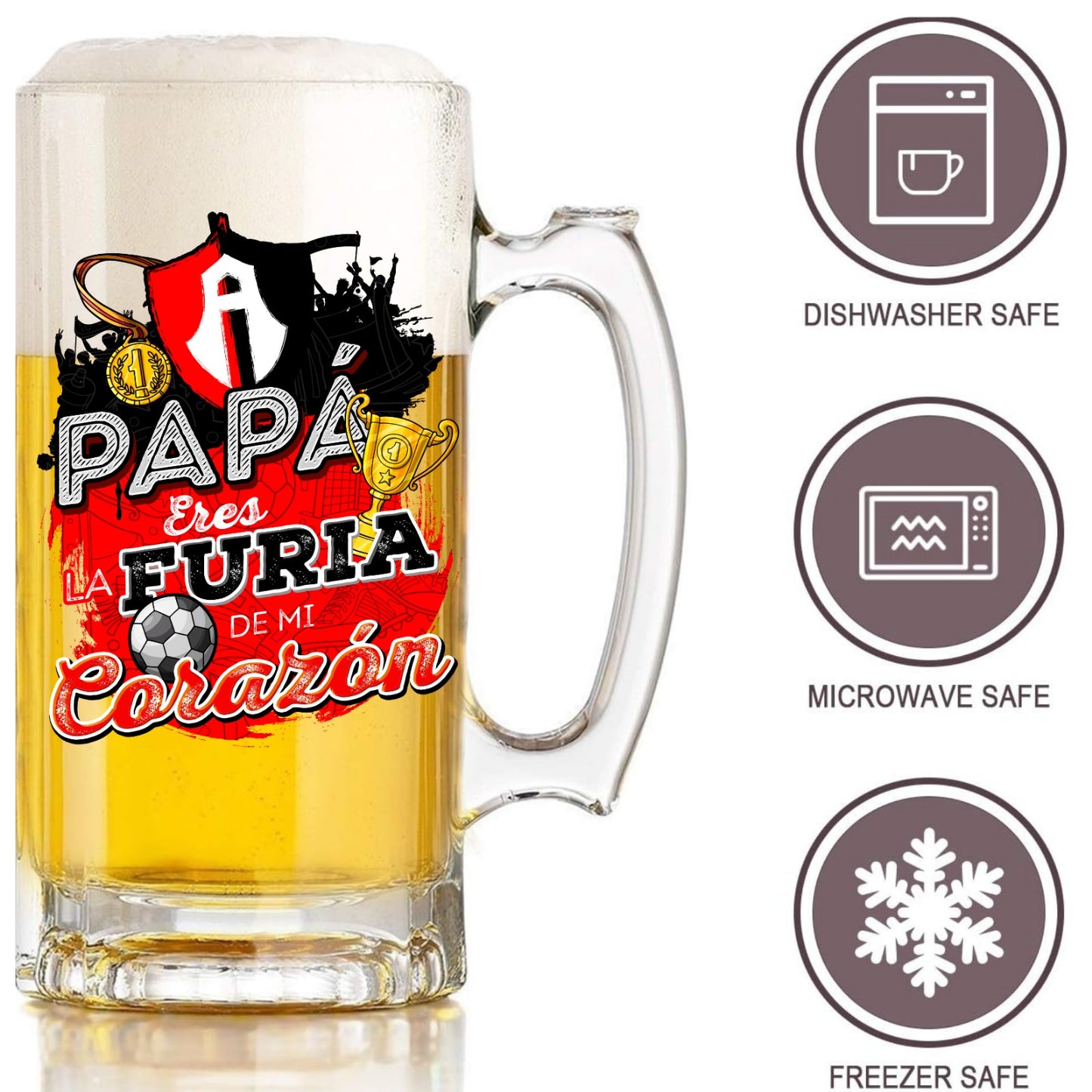 Atlas FC 16 oz Beer Glass Mug – “Papá, Eres Furia en Mi Corazón” – Soccer Gift for Dad – Father's Day or Birthday Present