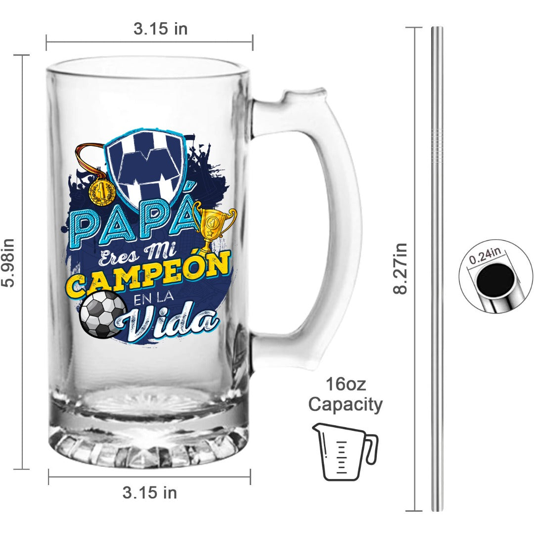 Monterrey 16 oz Beer Glass Mug – “Regalo para Papá” – Soccer Gift for Dad – Father’s Day or Birthday Present – Fútbol Fan Mug