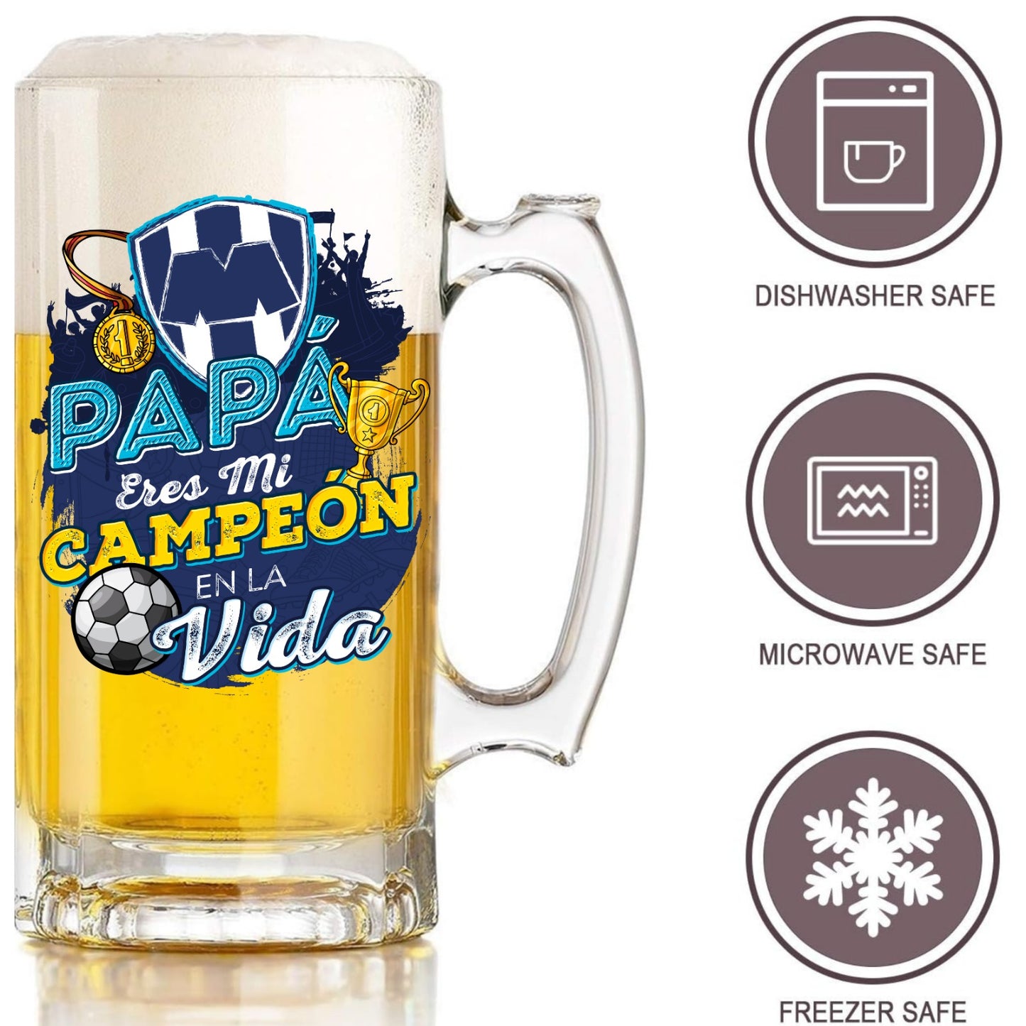 Monterrey 16 oz Beer Glass Mug – “Regalo para Papá” – Soccer Gift for Dad – Father’s Day or Birthday Present – Fútbol Fan Mug