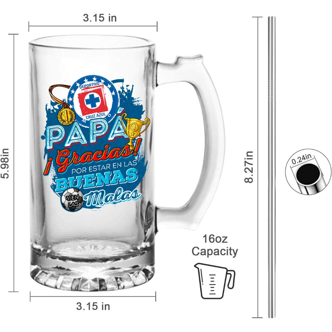 Cruz Azul 16 oz Beer Glass Mug – “Regalo para Papá” – Soccer Gift for Dad – Birthday or Father’s Day Present – Fútbol Fan Mug