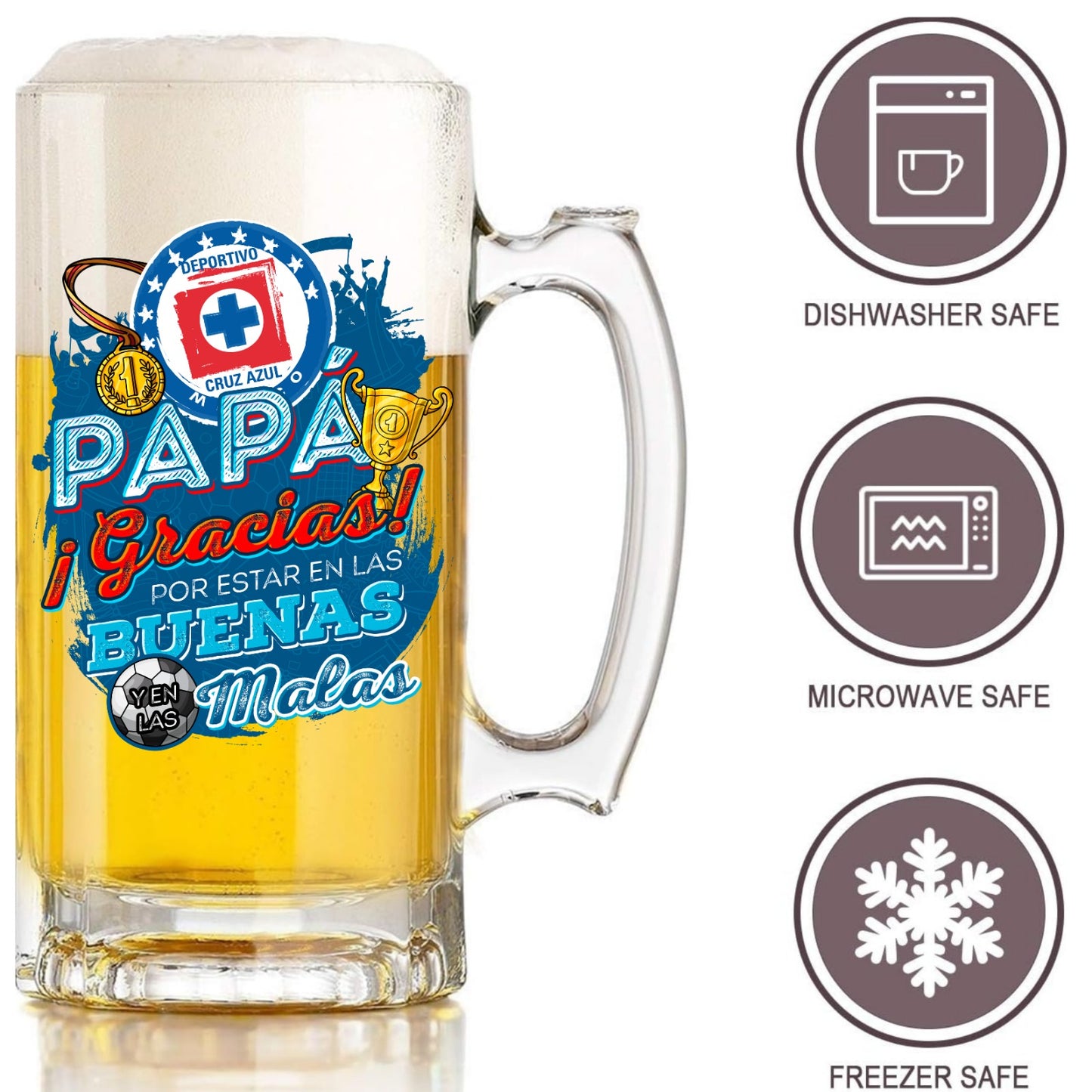 Cruz Azul 16 oz Beer Glass Mug – “Regalo para Papá” – Soccer Gift for Dad – Birthday or Father’s Day Present – Fútbol Fan Mug