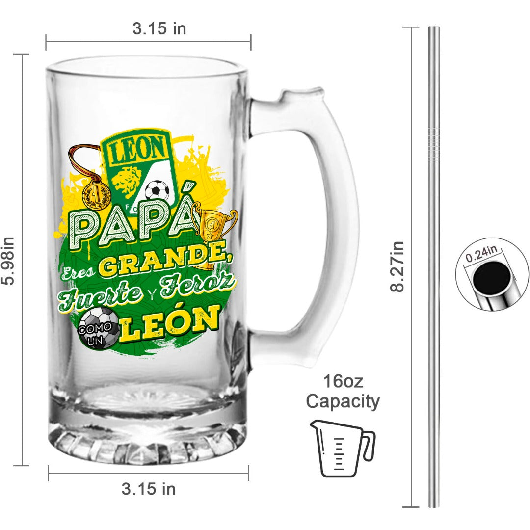 León 16 oz Beer Glass Mug – “Regalo para Papá” – Soccer Gift for Dad – Father’s Day or Birthday Present – Fútbol Fan Mug