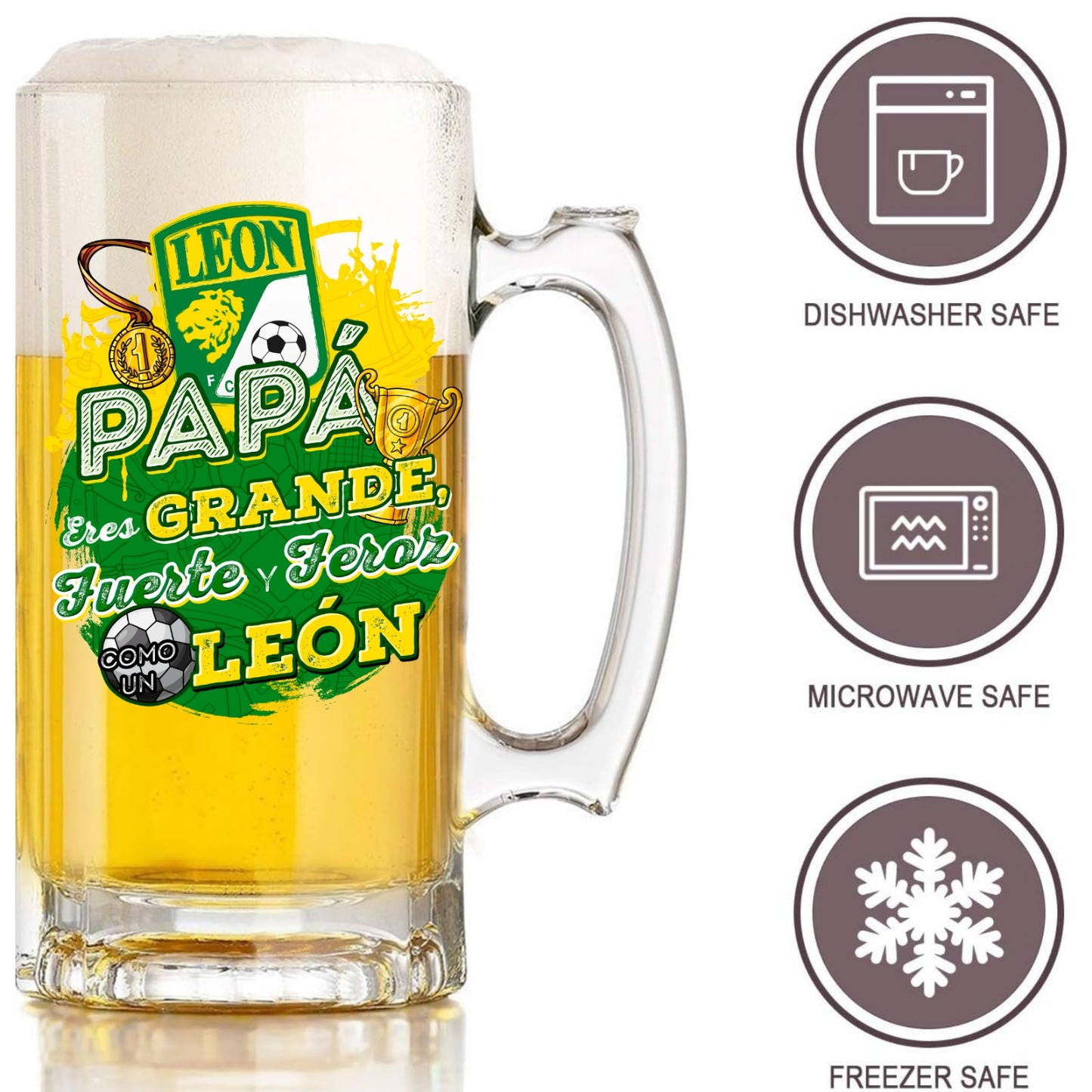 León 16 oz Beer Glass Mug – “Regalo para Papá” – Soccer Gift for Dad – Father’s Day or Birthday Present – Fútbol Fan Mug