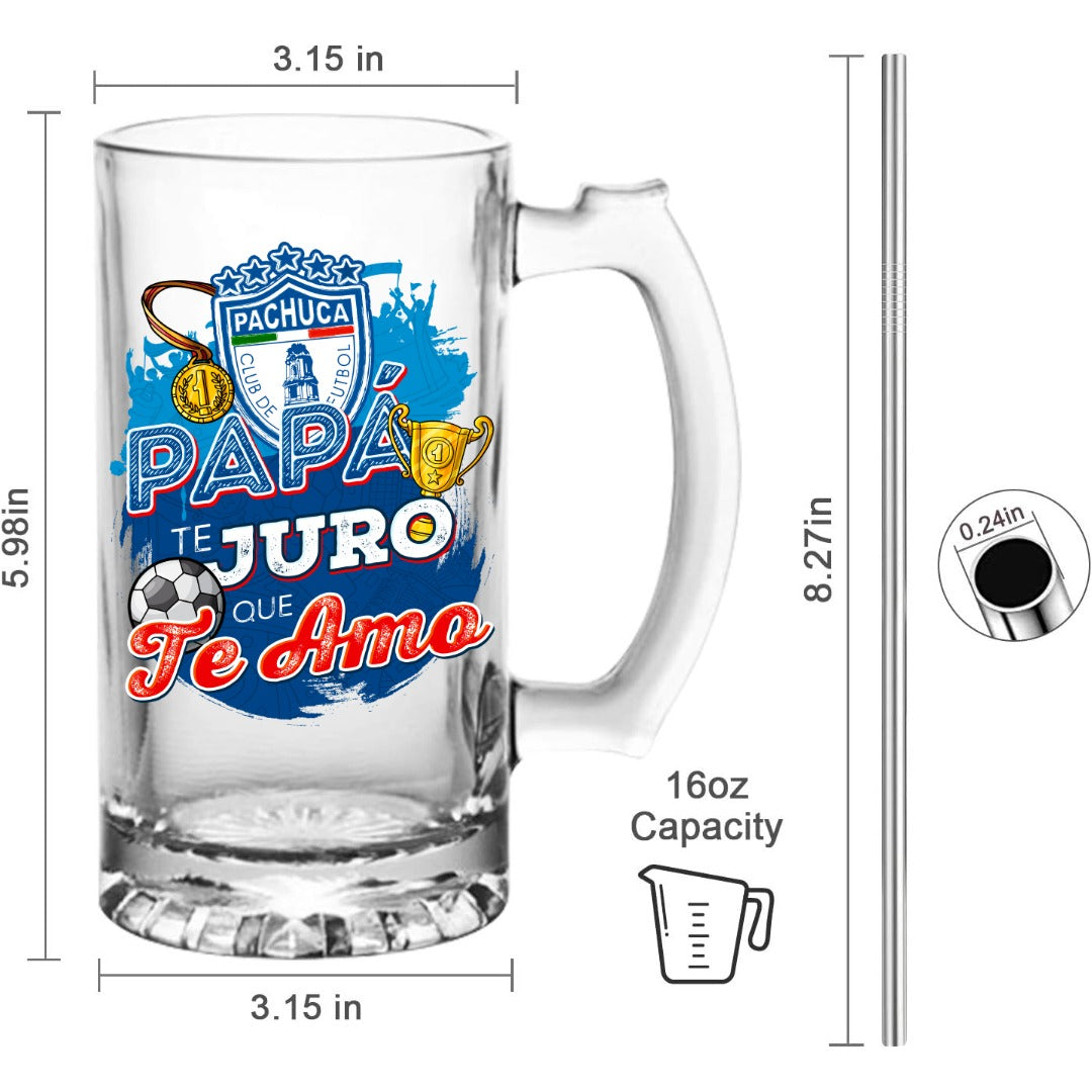 Pachuca 16 oz Beer Glass Mug – “Regalo para Papá” – Soccer Gift for Dad – Father’s Day or Birthday Present – Fútbol Fan Mug