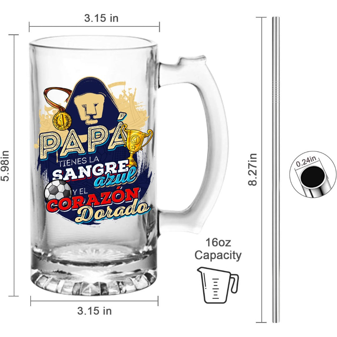 Pumas 16 oz Beer Glass Mug – Soccer Gift for Dad – Father’s Day or Birthday Present – Fútbol Fan Mug