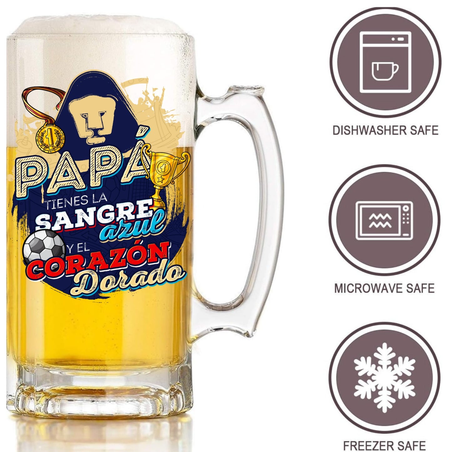 Pumas 16 oz Beer Glass Mug – Soccer Gift for Dad – Father’s Day or Birthday Present – Fútbol Fan Mug