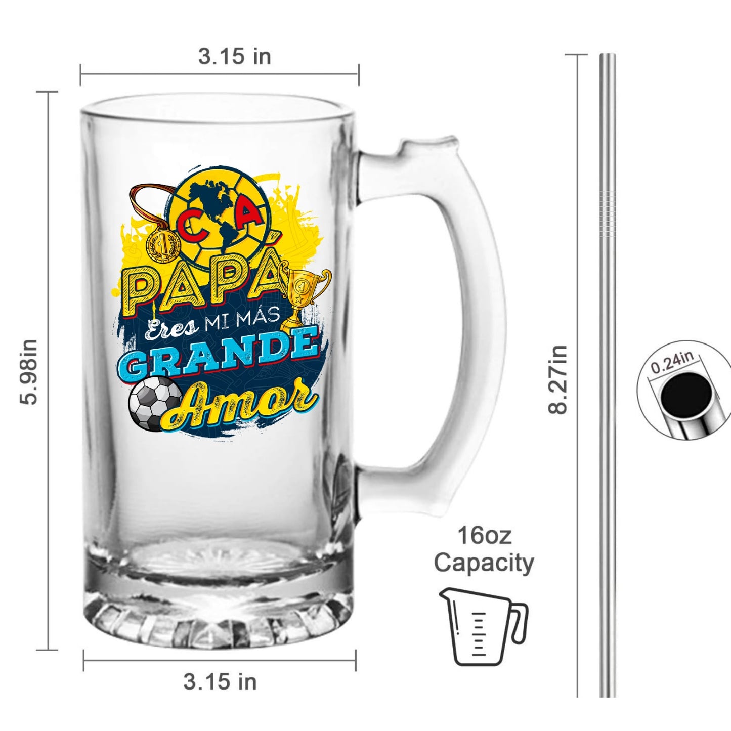 Club America 16 oz Beer Glass Mug – Soccer Gift for Dad – Father’s Day or Birthday Present – Fútbol Fan Mug