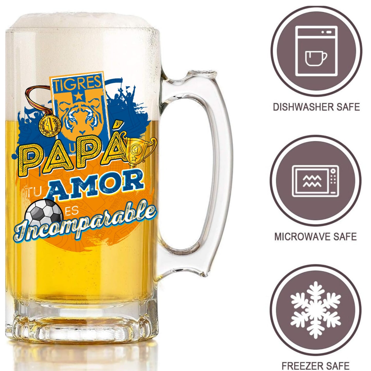 Tigres 16 oz Beer Glass Mug – Soccer Gift for Dad – Father’s Day or Birthday Present – Fútbol Fan Mug