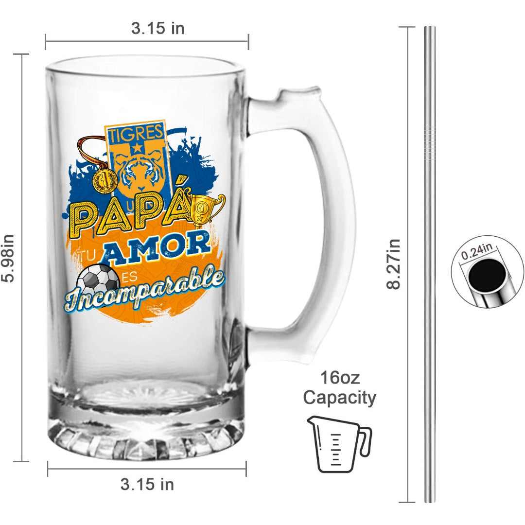Tigres 16 oz Beer Glass Mug – Soccer Gift for Dad – Father’s Day or Birthday Present – Fútbol Fan Mug