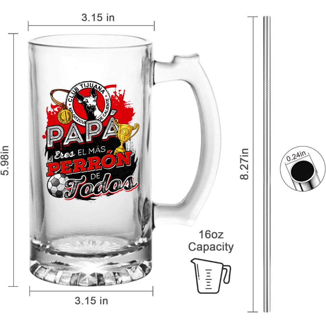 Xolos 16 oz Beer Glass Mug – Soccer Gift for Dad – Father’s Day or Birthday Present – Fútbol Fan Mug