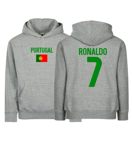 Customizable Kids/Youth Portugal Flag Ronaldo #7 Pullover Hoodie with Kangaroo Pocket - HTR Grey - Comfortable & Stylish Sportswear