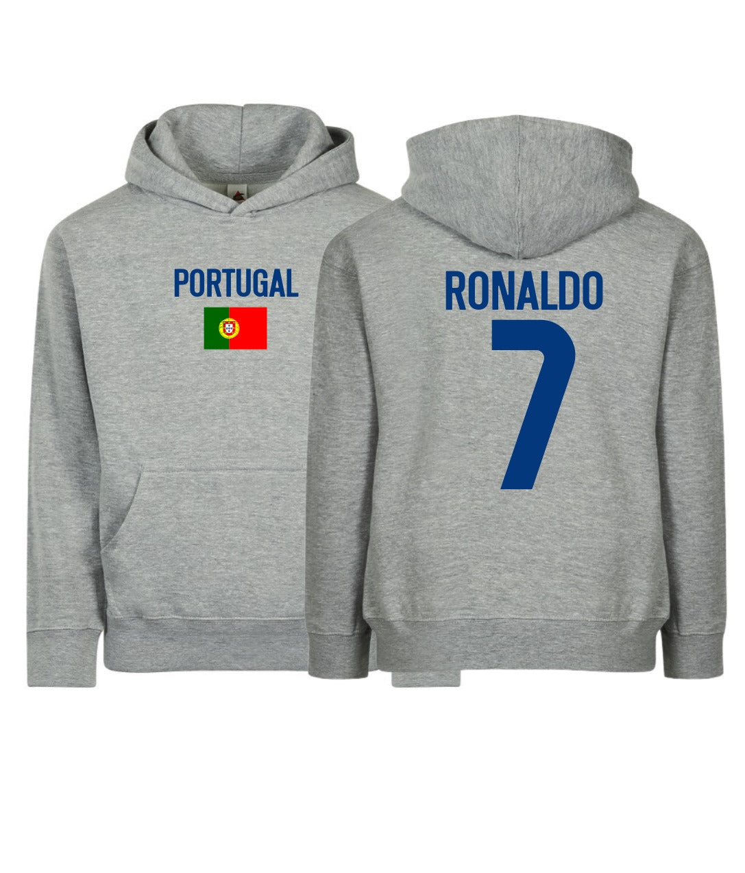 Customizable Kids/Youth Portugal Flag Ronaldo #7 Pullover Hoodie with Kangaroo Pocket - HTR Grey - Comfortable & Stylish Sportswear