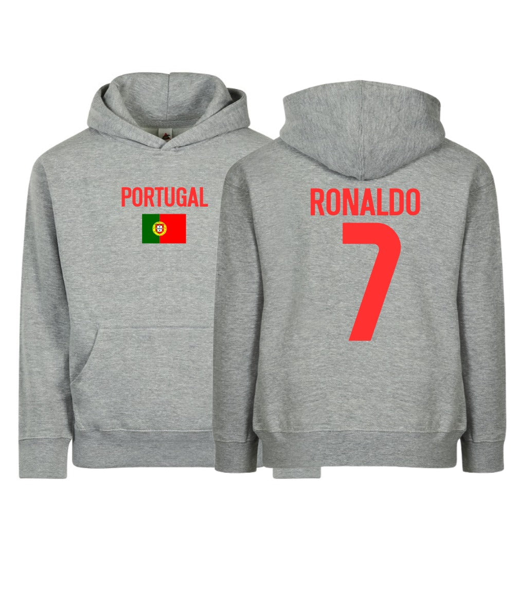 Customizable Kids/Youth Portugal Flag Ronaldo #7 Pullover Hoodie with Kangaroo Pocket - HTR Grey - Comfortable & Stylish Sportswear