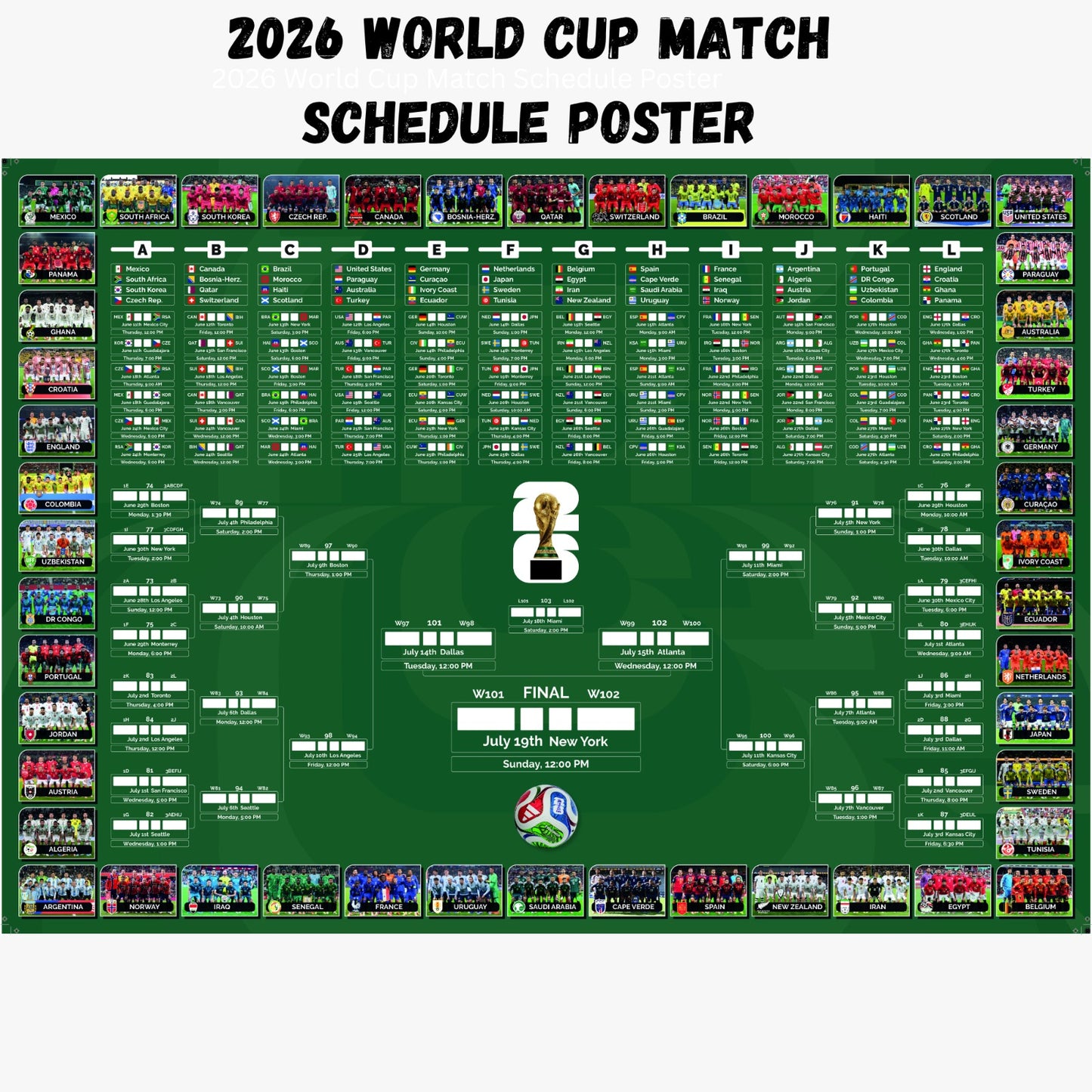 2026 Soccer Match Schedule Poster – Tournament Bracket Calendar Wall Art WC 2026