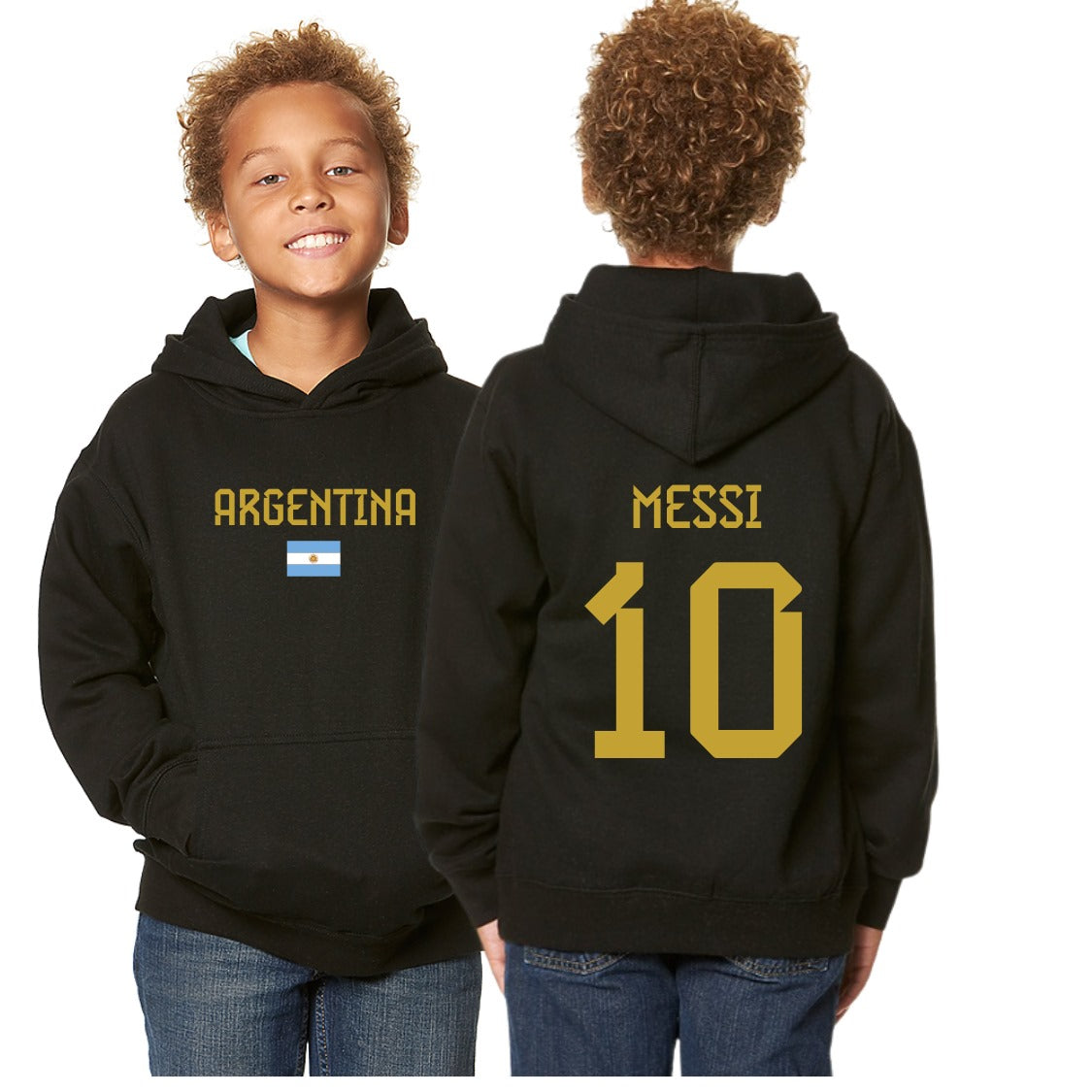 Two children wearing black gold hoodies with the Argentina flag and the text 'MESSI 10' printed on the back.