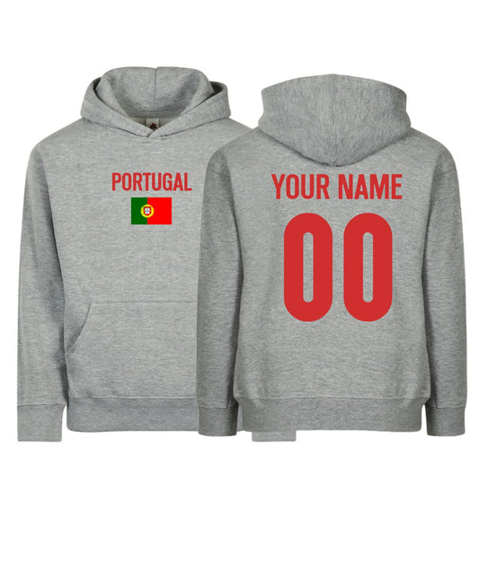 Customizable Kids/Youth Portugal Flag Ronaldo #7 Pullover Hoodie with Kangaroo Pocket - HTR Grey - Comfortable & Stylish Sportswear