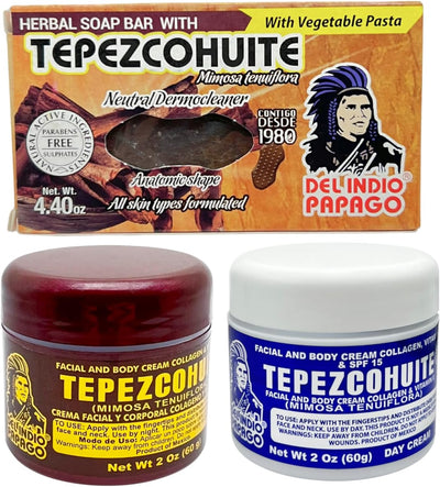 Del Indio Papago Anti Aging Combo Pack with Night Cream 2oz, Day Cream 2oz, and Tepezcohuite Natural Bar Soap