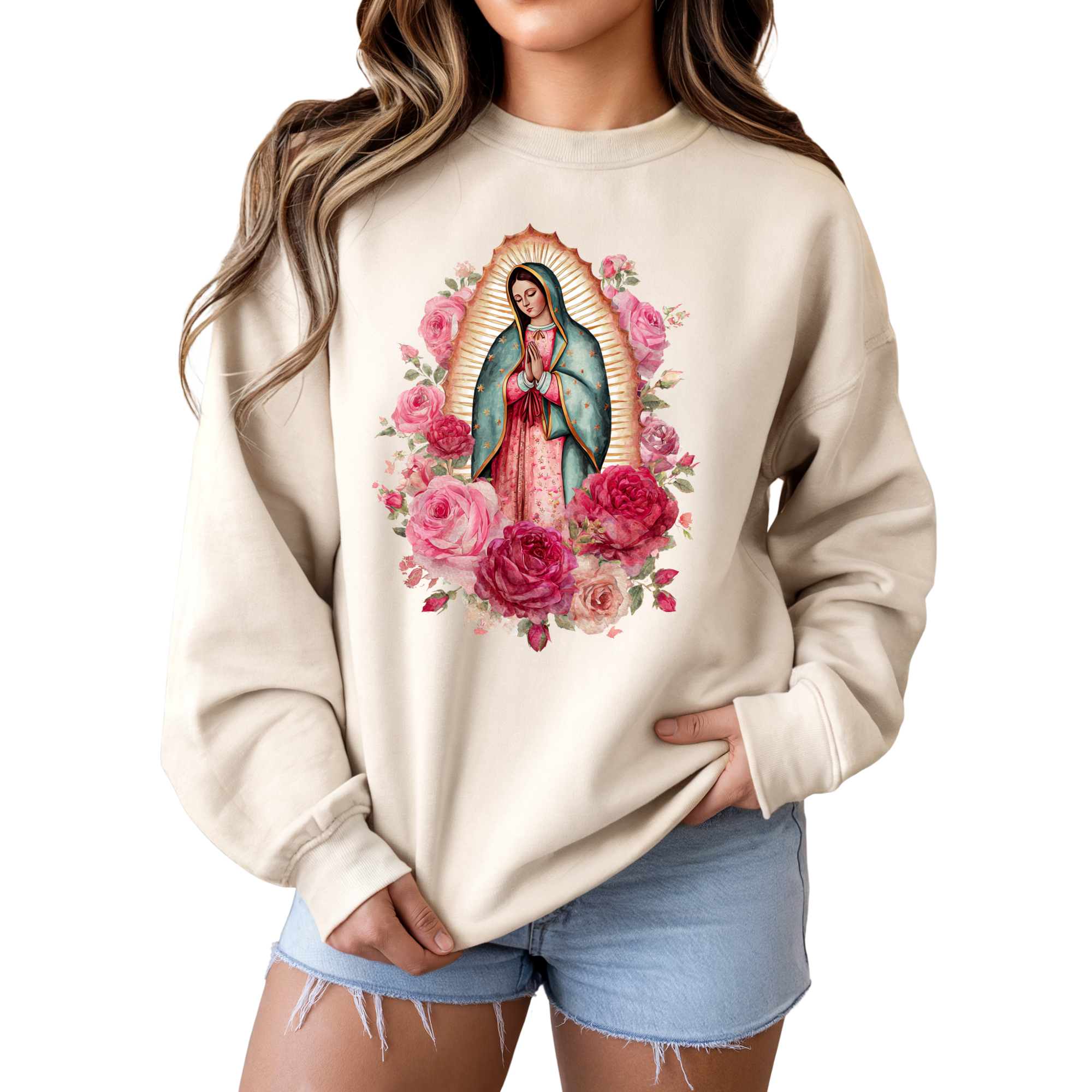 Our Lady of Guadalupe Crewneck Sweatshirt – Virgen de Guadalupe Graphic Unisex Pullover