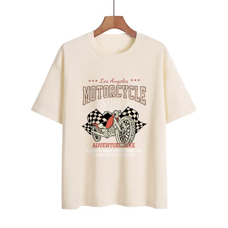 Street Retro Motorcycle Letter Print Collarless Loose Women's T-Shirt