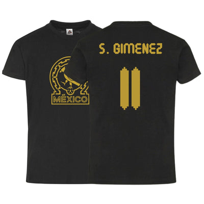 México S. Gimenez #11 Black Gold Kid's T-Shirt Soccer Fan Apparel Front and Back Design