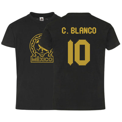 México C. Blanco #10 Black Gold Kid's T-Shirt Soccer Fan Apparel Front and Back Design