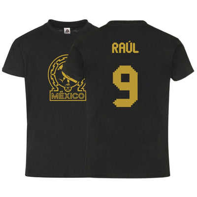 México Raúl #9 Black Gold Kid's T-Shirt Soccer Fan Apparel Front and Back Design