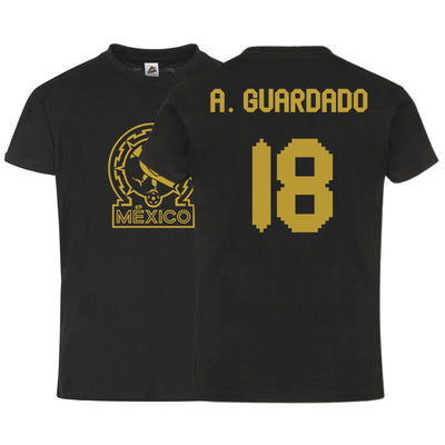 México A. Guadado #18 Black Gold Kid's T-Shirt Soccer Fan Apparel Front and Back Design