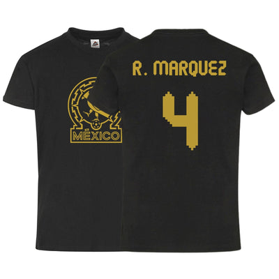 México R. Marquez #4 Black Gold Kid's T-Shirt Soccer Fan Apparel Front and Back Design