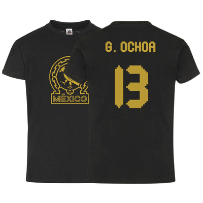 México G. Ochoa #13 Black Gold Kid's T-Shirt Soccer Fan Apparel Front and Back Design