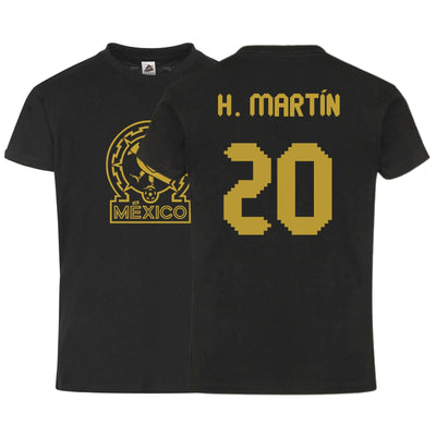 México H. Martin #20 Black Gold Kid's T-Shirt Soccer Fan Apparel Front and Back Design