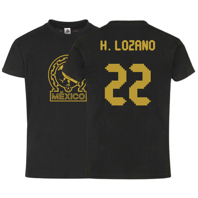 México H. Lozano #22 Black Gold Kid's T-Shirt Soccer Fan Apparel Front and Back Design