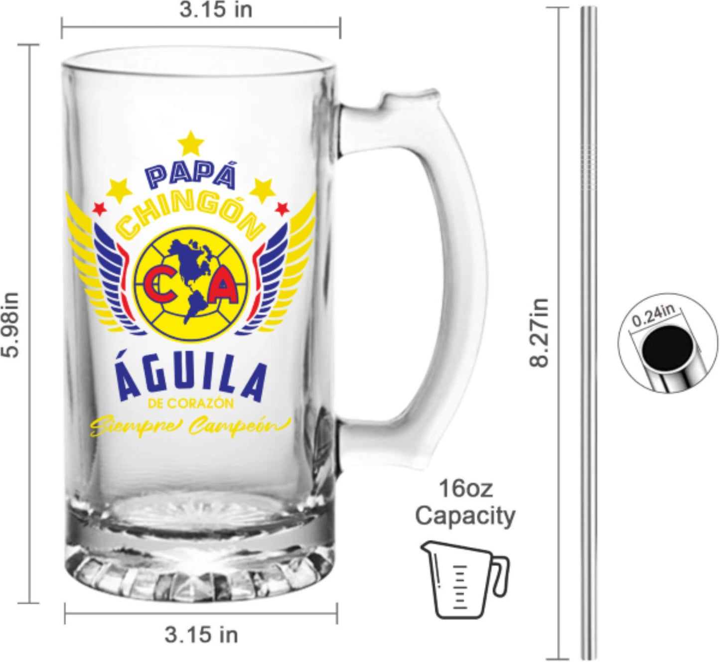 Club America 16 oz Beer Glass Mug – Papá Chingón Design – Águila de Corazón, Siempre Campeón – Soccer Gift