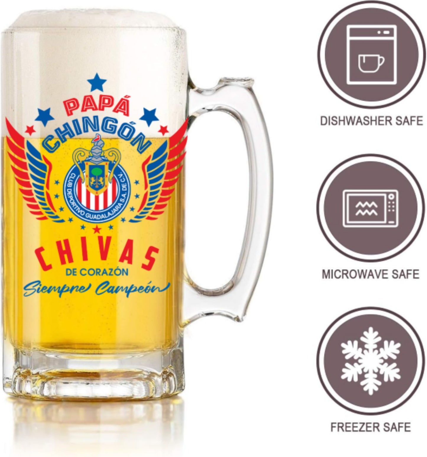 Chivas 16 oz Beer Glass Mug – Papá Chingón – Chivas de Corazón Siempre Campeón – Perfect Soccer Gift