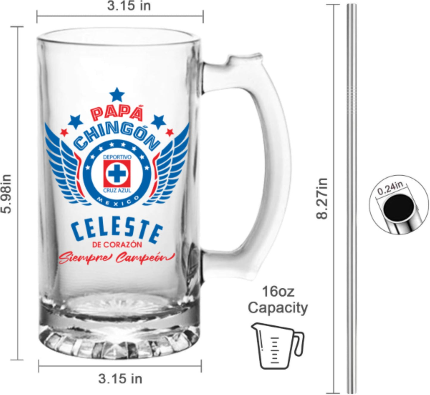 Cruz Azul 16 oz Beer Glass Mug – Papá Chingón Design – Celeste de Corazón, Siempre Campeón – Soccer Gift