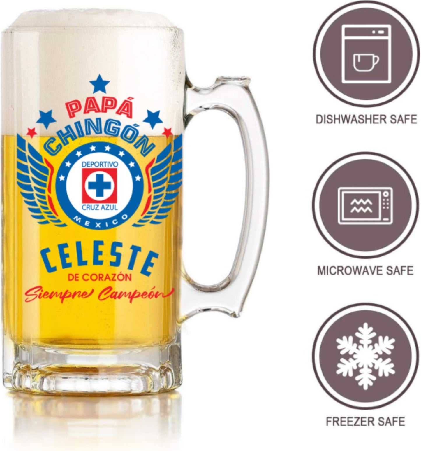 Cruz Azul 16 oz Beer Glass Mug – Papá Chingón Design – Celeste de Corazón, Siempre Campeón – Soccer Gift