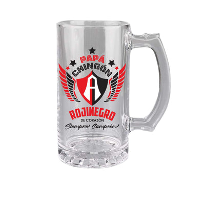 Atlas FC 16 oz Beer Glass Mug – Papá Chingón Design – Rojinegro de Corazón, Siempre Campeón – Soccer Gift