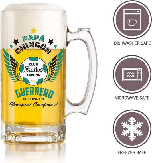 Santos Laguna 16 oz Beer Glass Mug – Papá Chingón Design – Guerrero de Corazón, Siempre Campeón – Soccer Gift