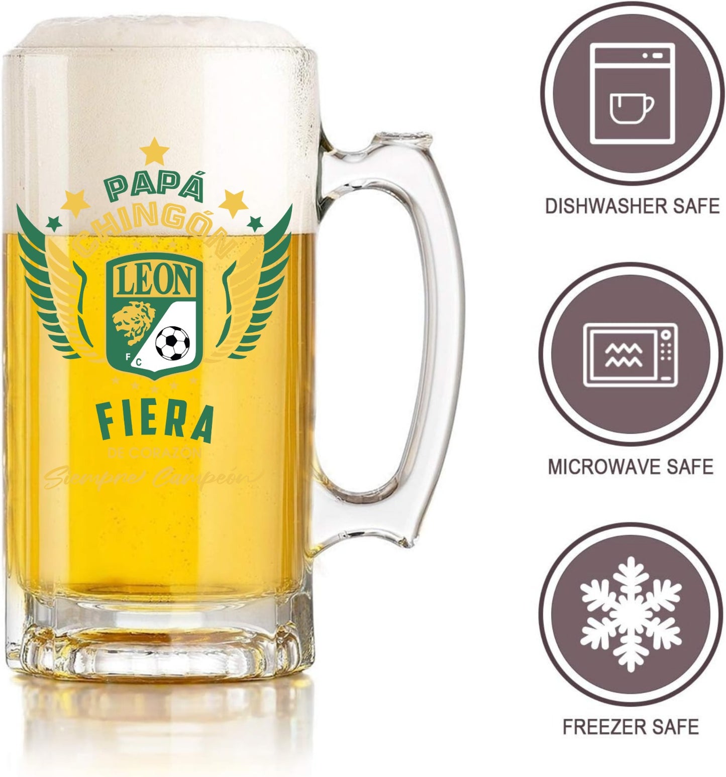 León FC 16 oz Beer Glass Mug – Papá Chingón Design – Fiera de Corazón, Siempre Campeón – Soccer Gift
