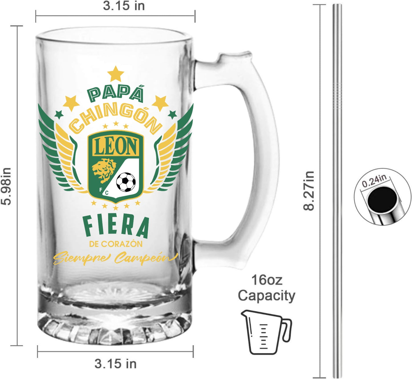 León FC 16 oz Beer Glass Mug – Papá Chingón Design – Fiera de Corazón, Siempre Campeón – Soccer Gift