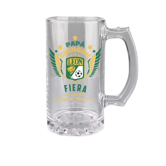 León FC 16 oz Beer Glass Mug – Papá Chingón Design – Fiera de Corazón, Siempre Campeón – Soccer Gift