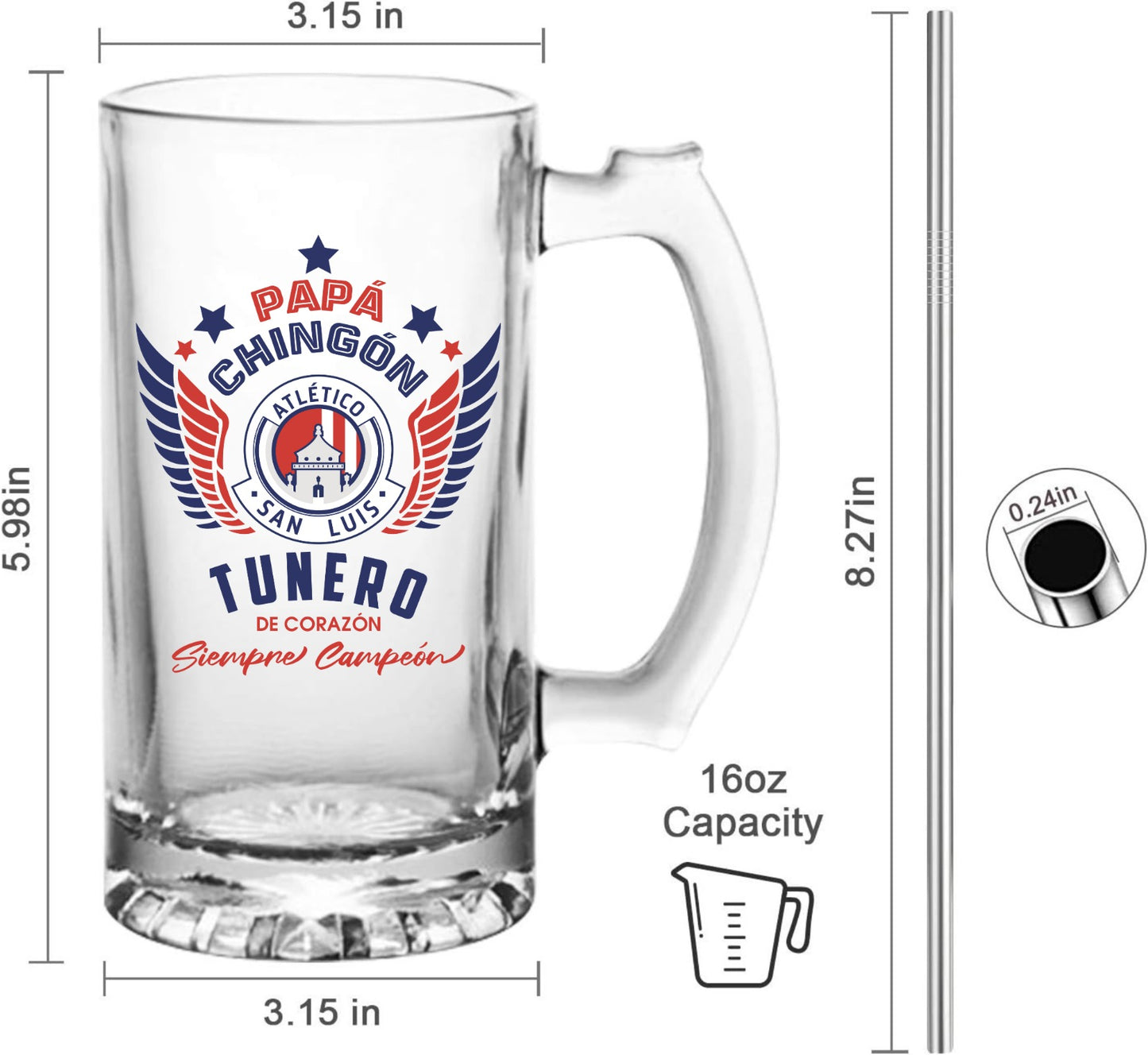 Atlético de San Luis 16 oz Beer Glass Mug – Papá Chingón Design – Tunero de Corazón, Siempre Campeón – Soccer Gift
