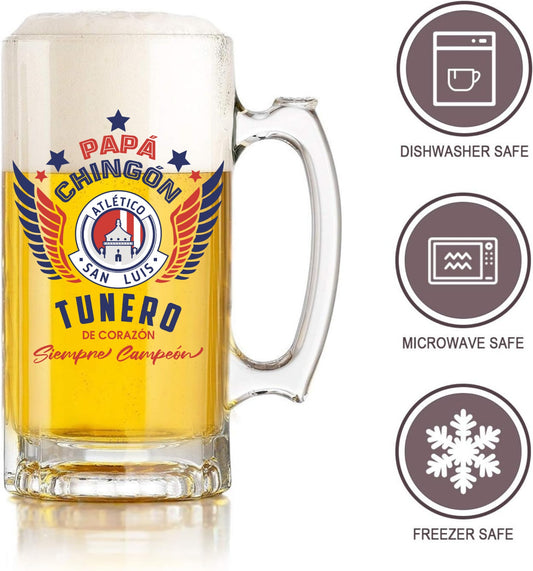 Atlético de San Luis 16 oz Beer Glass Mug – Papá Chingón Design – Tunero de Corazón, Siempre Campeón – Soccer Gift