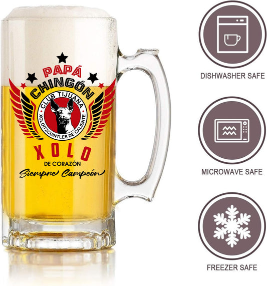 Xolos Tijuana 16 oz Beer Glass Mug – Papá Chingón Design – Xolo de Corazón, Siempre Campeón – Soccer Gift