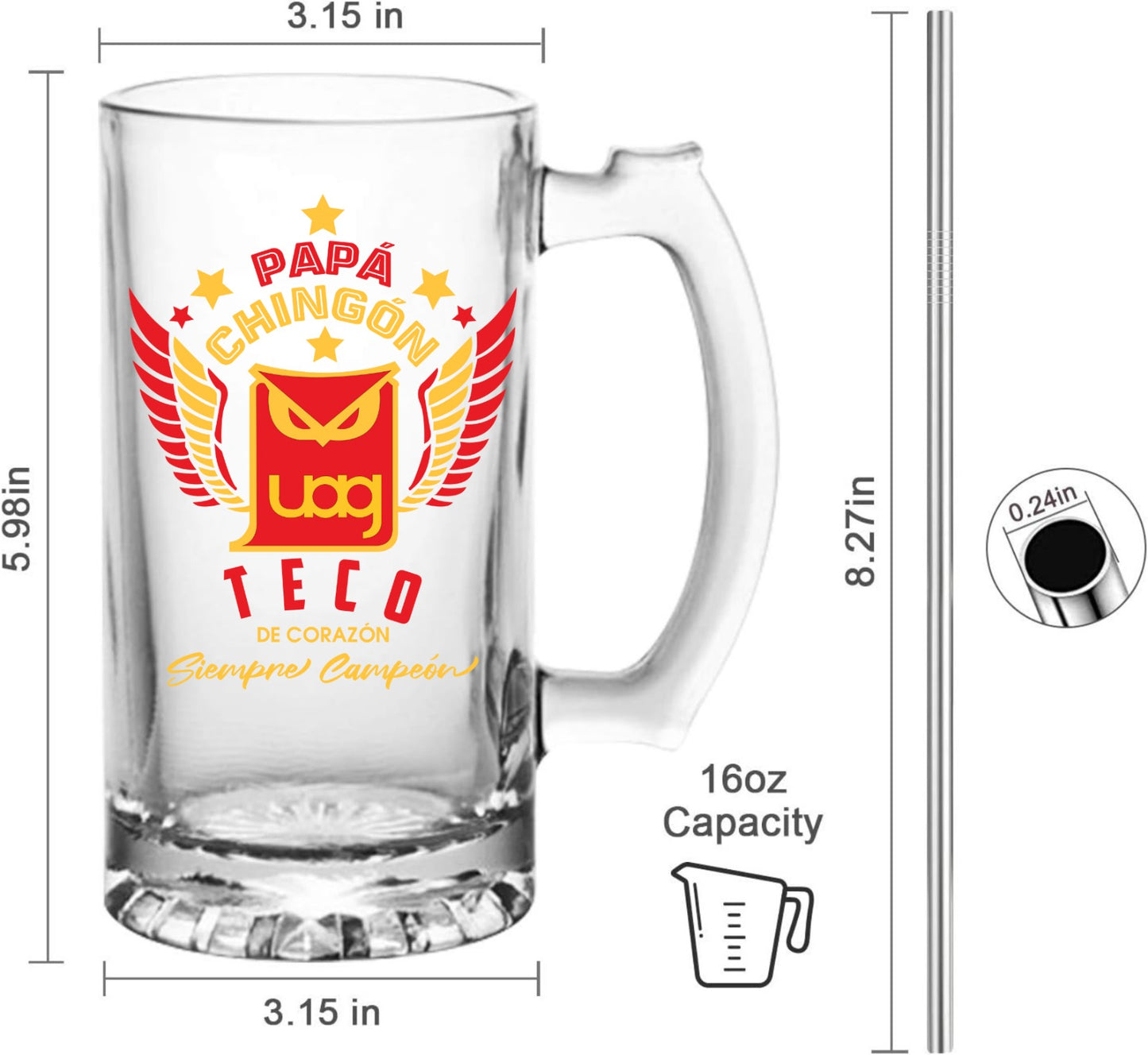 Tecos UAG 16 oz Beer Glass Mug – Papá Chingón Design – Teco de Corazón, Siempre Campeón – Soccer Gift