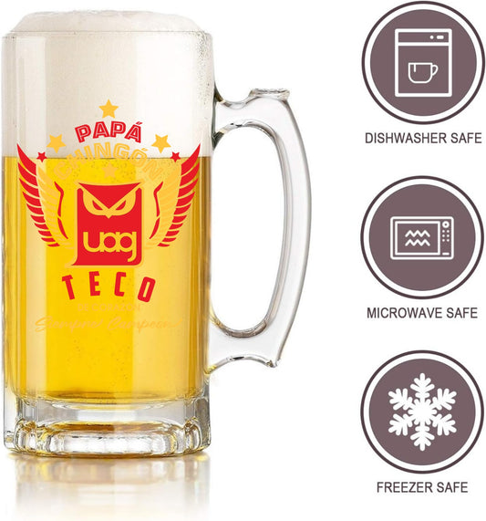 Tecos UAG 16 oz Beer Glass Mug – Papá Chingón Design – Teco de Corazón, Siempre Campeón – Soccer Gift