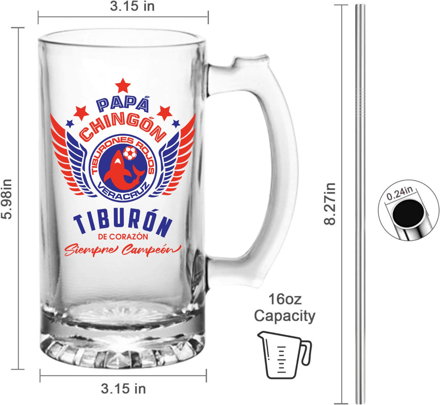 Veracruz 16 oz Beer Glass Mug – Papá Chingón Design – Tiburón de Corazón, Siempre Campeón – Soccer Gift