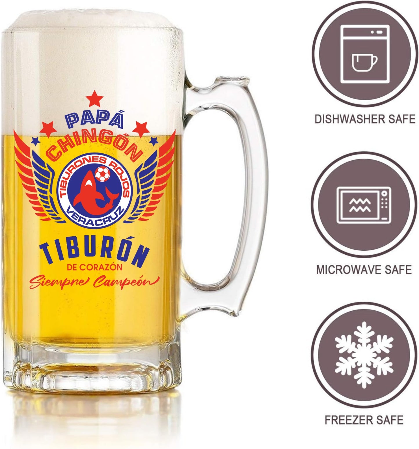 Veracruz 16 oz Beer Glass Mug – Papá Chingón Design – Tiburón de Corazón, Siempre Campeón – Soccer Gift