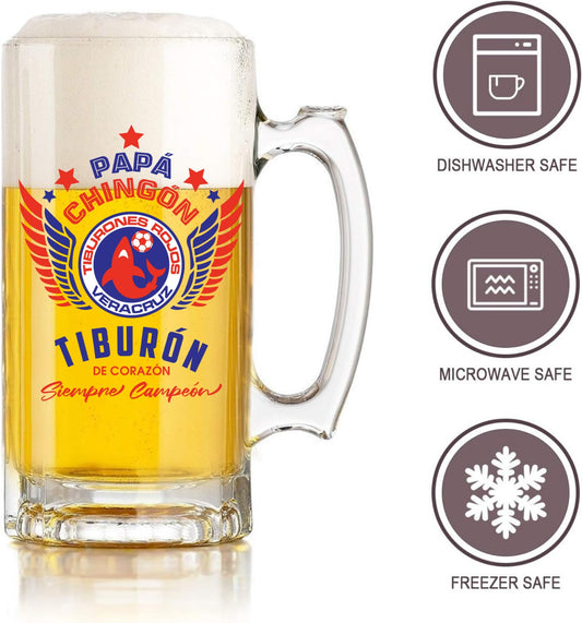 Veracruz 16 oz Beer Glass Mug – Papá Chingón Design – Tiburón de Corazón, Siempre Campeón – Soccer Gift