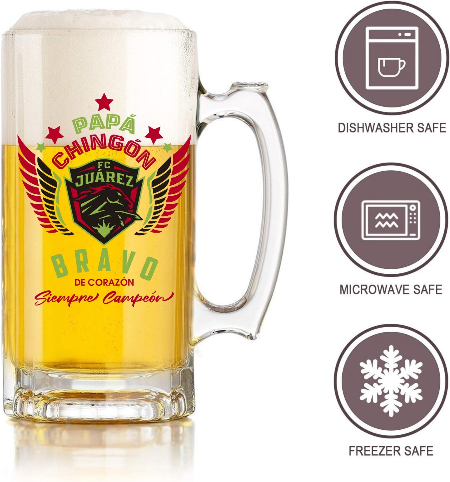 Juárez FC 16 oz Beer Glass Mug – Papá Chingón Design – Bravo de Corazón, Siempre Campeón – Soccer Gift